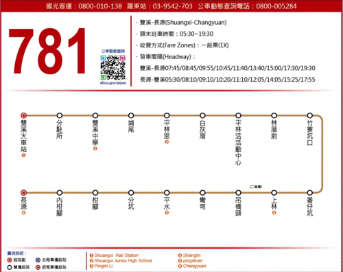 起訖站名：雙溪火車站 - 長源         頭末班車    平日：0745~1945     假日： 0745~1945  發車間距 平日： 781長源班表:0530 0810 0910 1020 1110 1205 1405 1525 1755 781雙溪火車站班表:0745 0845 0955 1045 1140 1340 1500 1730 1945 假日： 781長源班表:0530 0810 0910 1020 1110 1205 1405 1525 1755 781雙溪火車站班表:0745 0845 0955 1045 1140 1340 1500 1730 1945